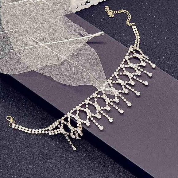 ʕ·ᴥ·ʔOlbye Shining Rhinestone Choker Necklace Gold Diamond - Picture 3 of 4